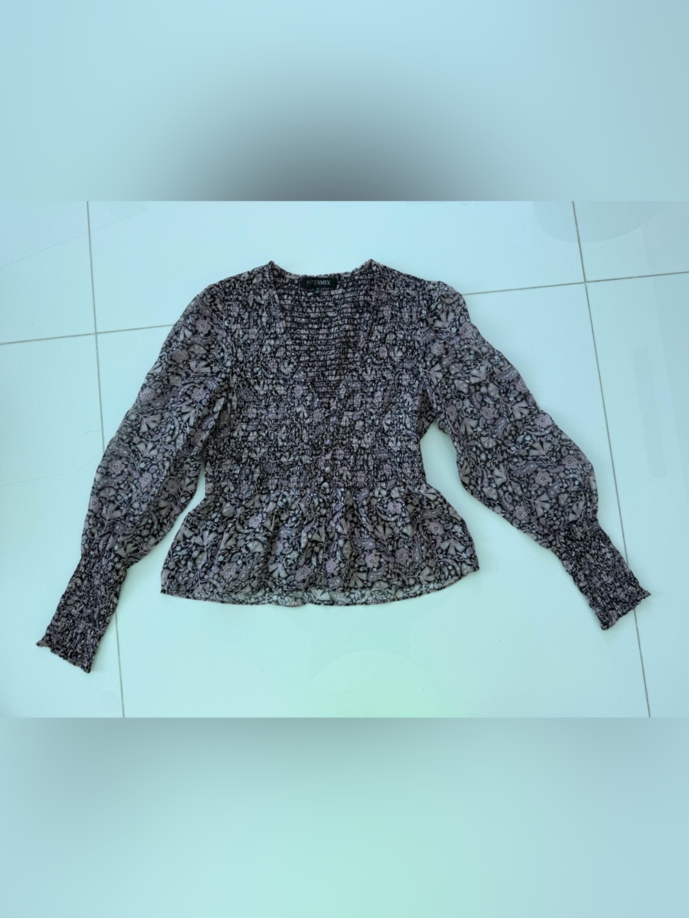 INTERMIX  Smocked Floral print V neck Blouse